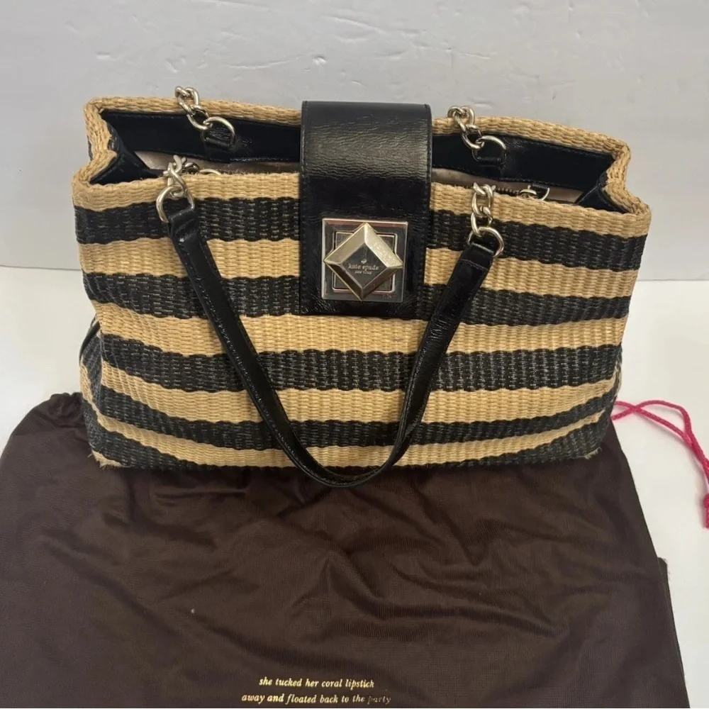Kate spade Handbag Satchel Straw Leather Shoulder Bag Black Camel Striped